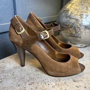 Franco Sarto Brown Suede Buckle Peep Toe Heel Pump Size 10